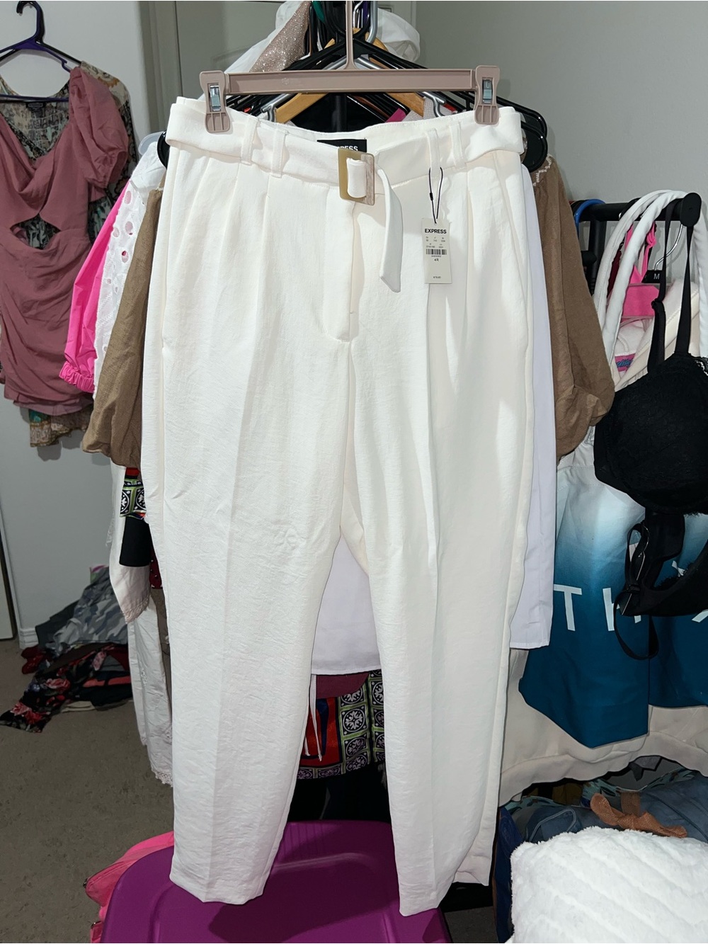 Express White High-Waist Belted Paperbag Trousers